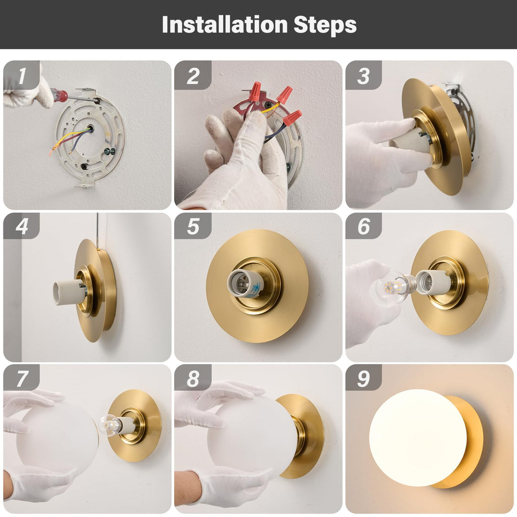 Modern Gold Globe Wall Sconce,Single Light with Milk Glass Shade
