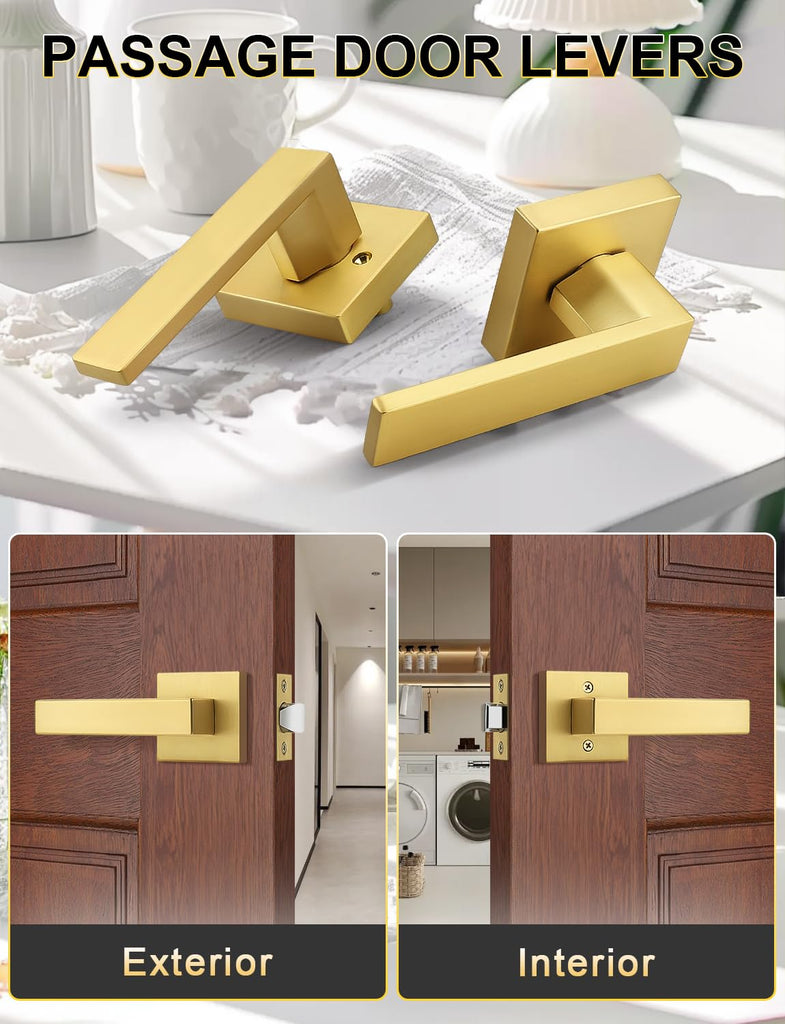 6 Pack Gold Keyless Square Levers Handles, Satin Brass Finish, Interior Passage Door Locksets for Hall Closet Door