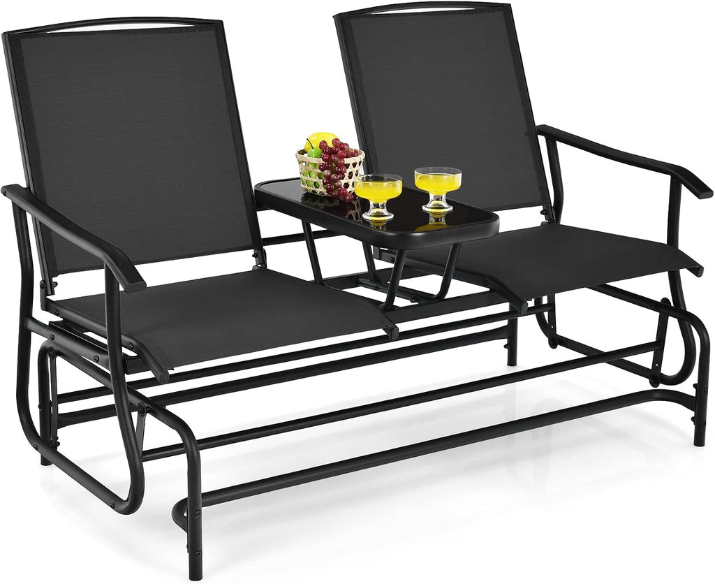 2-Person Outdoor Glider, Patio Glider Bench Chairs with Center Tempered Glass Table & Breathable Loveseat, Double