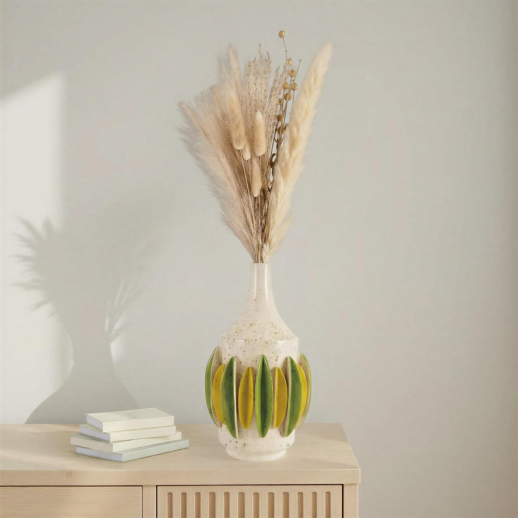 Handmade Speckled Stoneware Vase with 3D Pleats, Cream, Green & Yellow