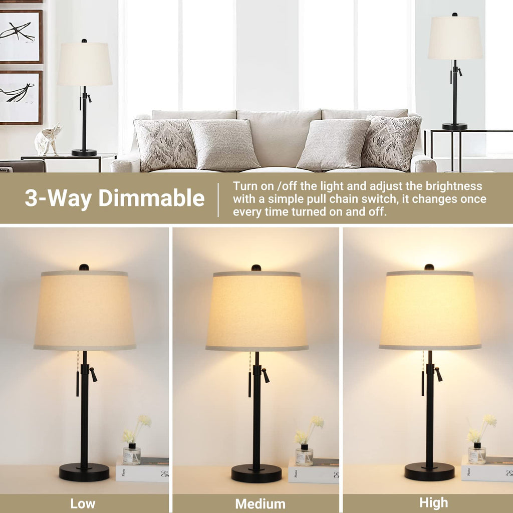 Bedside Table Lamps Set of 2: Tall Black Table Lamps End Table | Height Adjustable 3-Way Dimmable Nightstand Lamp