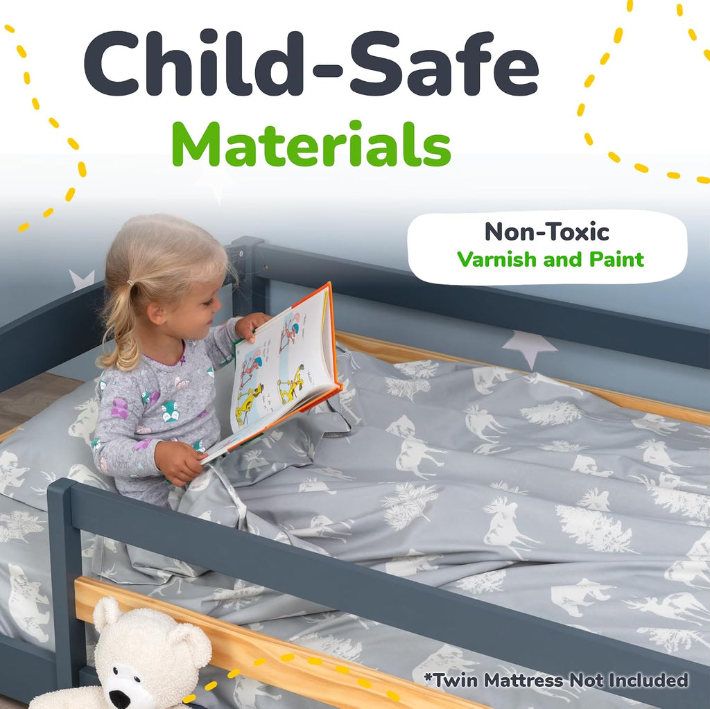 Twin Floor Bed with Safety Guardrails for Kids, Montessori Inspired with Rails and 2 Openings, Twin Size Bed Frame