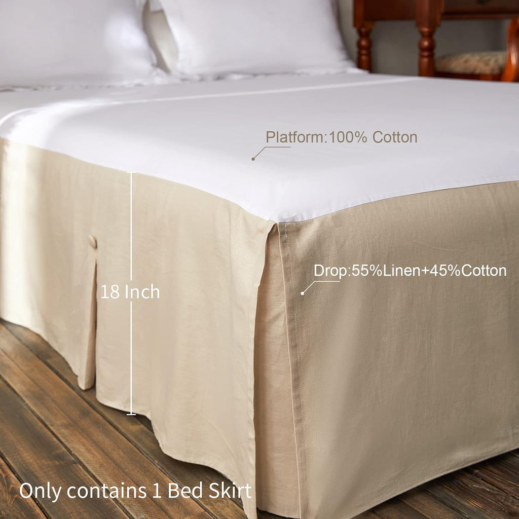 French Linen Bed Skirt Split Corner with Button 18-Inch Tailored Drop Natural Flax Cotton Blend Basic Dust Ruffle