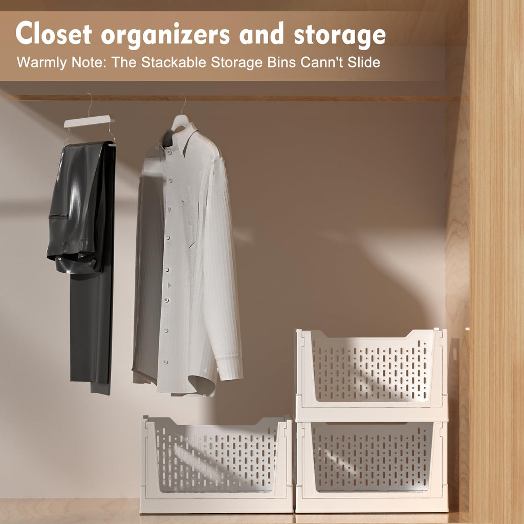 Stackable Plastic Storage Basket, 3 Pack Foldable Closet Organizers and Storage Bins with Wheels, Collapsible Drawer