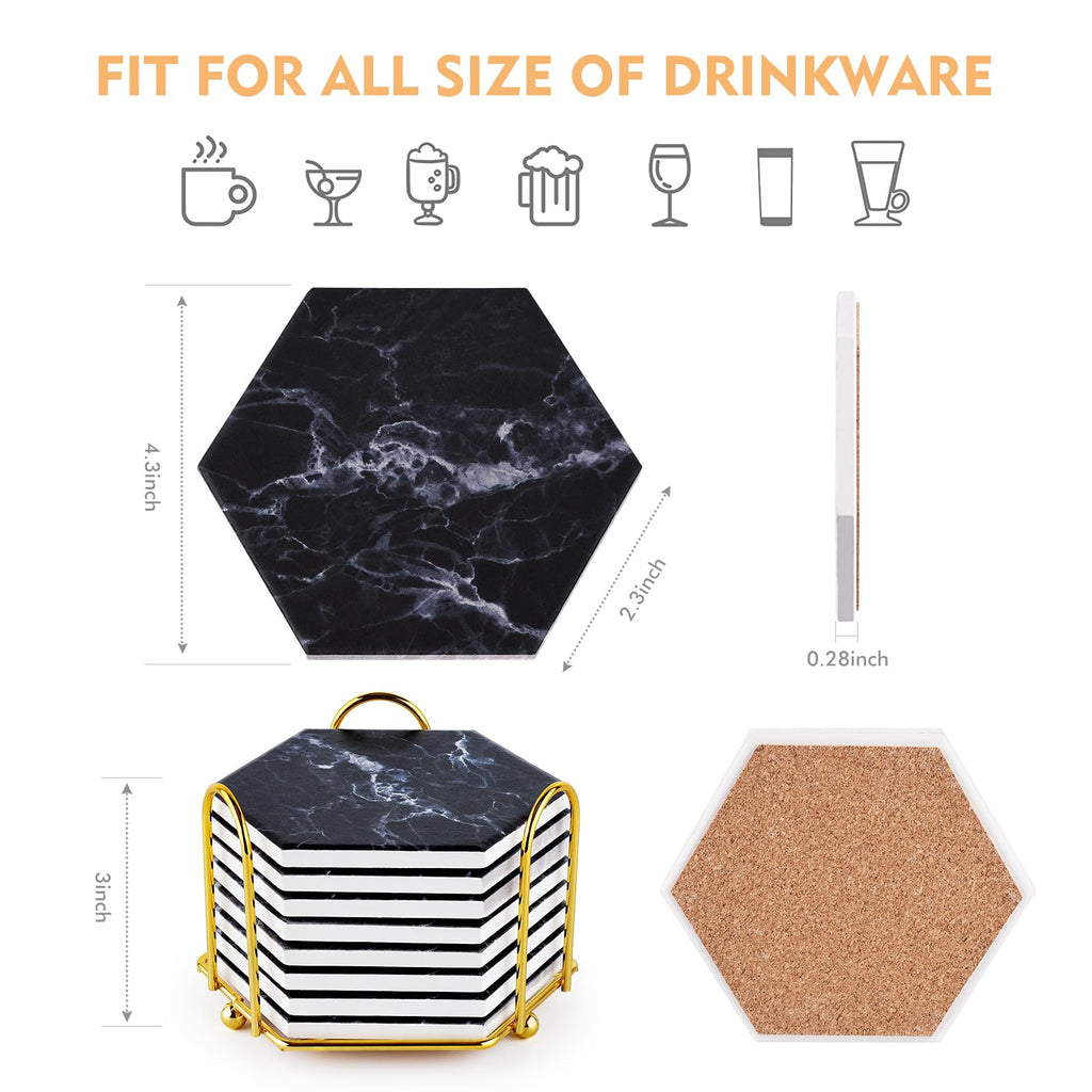 Black Coasters, Absorbent Coaster Set for Drinks Holder Marble Cork Costers
