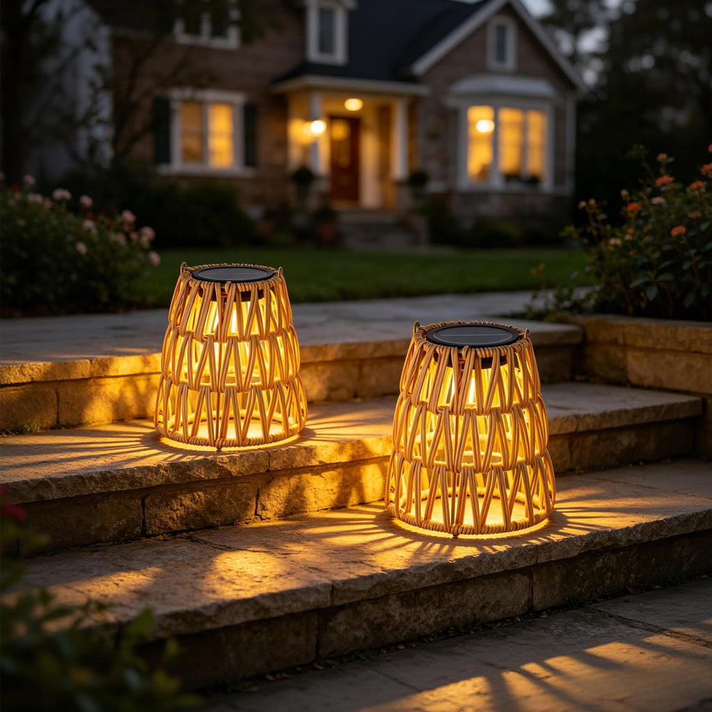 Solar Lanterns Outdoor Waterproof 2 Pack, Hanging Solar Boho Lights for Outside Tree, Decorative Rattan Outdoor