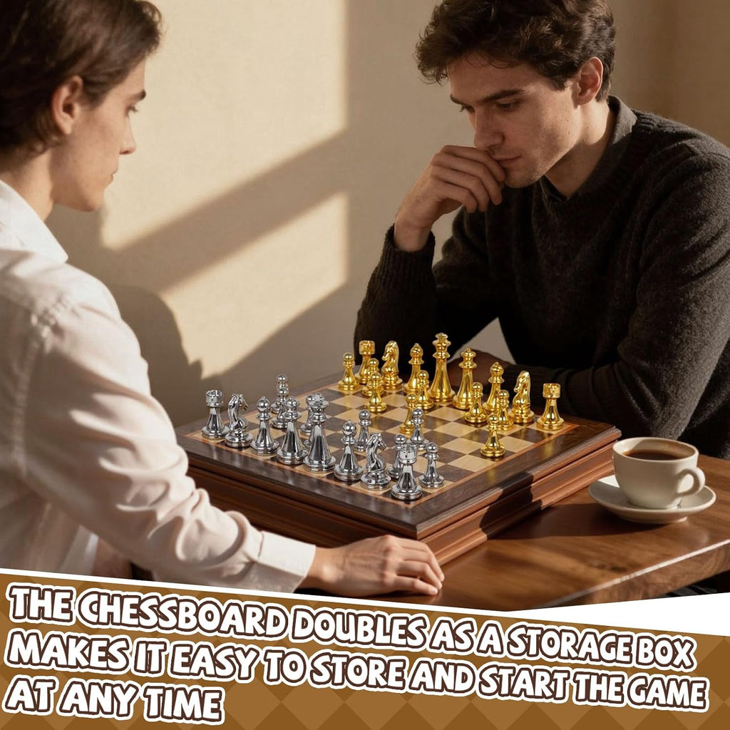 12-Inch Metal Chess Set with Wooden Board for Kids and Adults, Gold & Silver Chess Pieces, Portable Small Chess Board