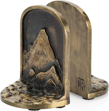 Cast Iron Mountain Bookends Set, Antique Brass Book Ends, 2 Decorative Book Holders for Shelves or Bookcase, Stylish