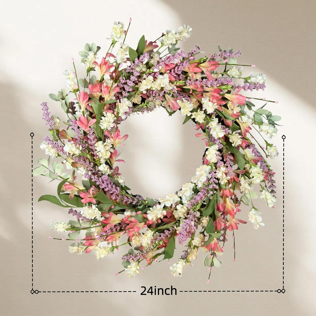24 Inch Spring Summer Wreath for Front Door - with Colorful Flowers & Green Leaves - Indoor Outdoor Farmhouse Porch
