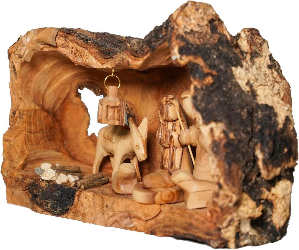 Nativity Scene in Manger Carved Inside of a Solid Piece of Olive Wood Branch - Christmas Tree Nativity Décor - Made