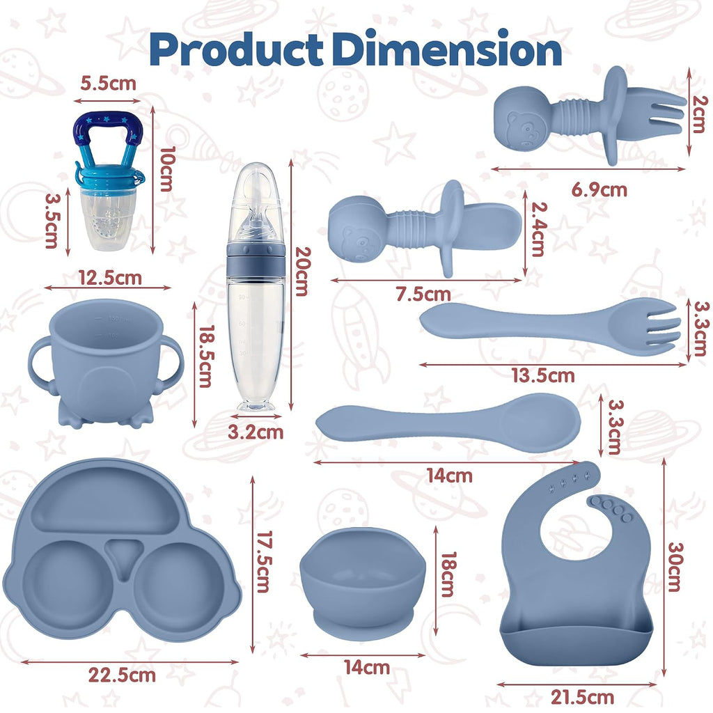 Feeding Set, Baby Led Weaning Supplies Kit With Suction Bowl & Car Plate, Bib, Spoon, Fork, Cup - Food-Grade