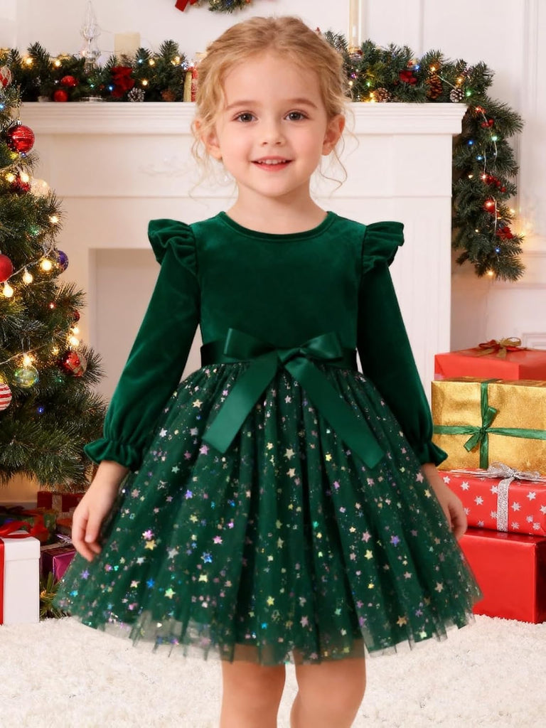 Toddler Girls Tutu Dresses Velvet Tulle Dress with Sequin Long Sleeve Holiday Party Fall Winter Dress