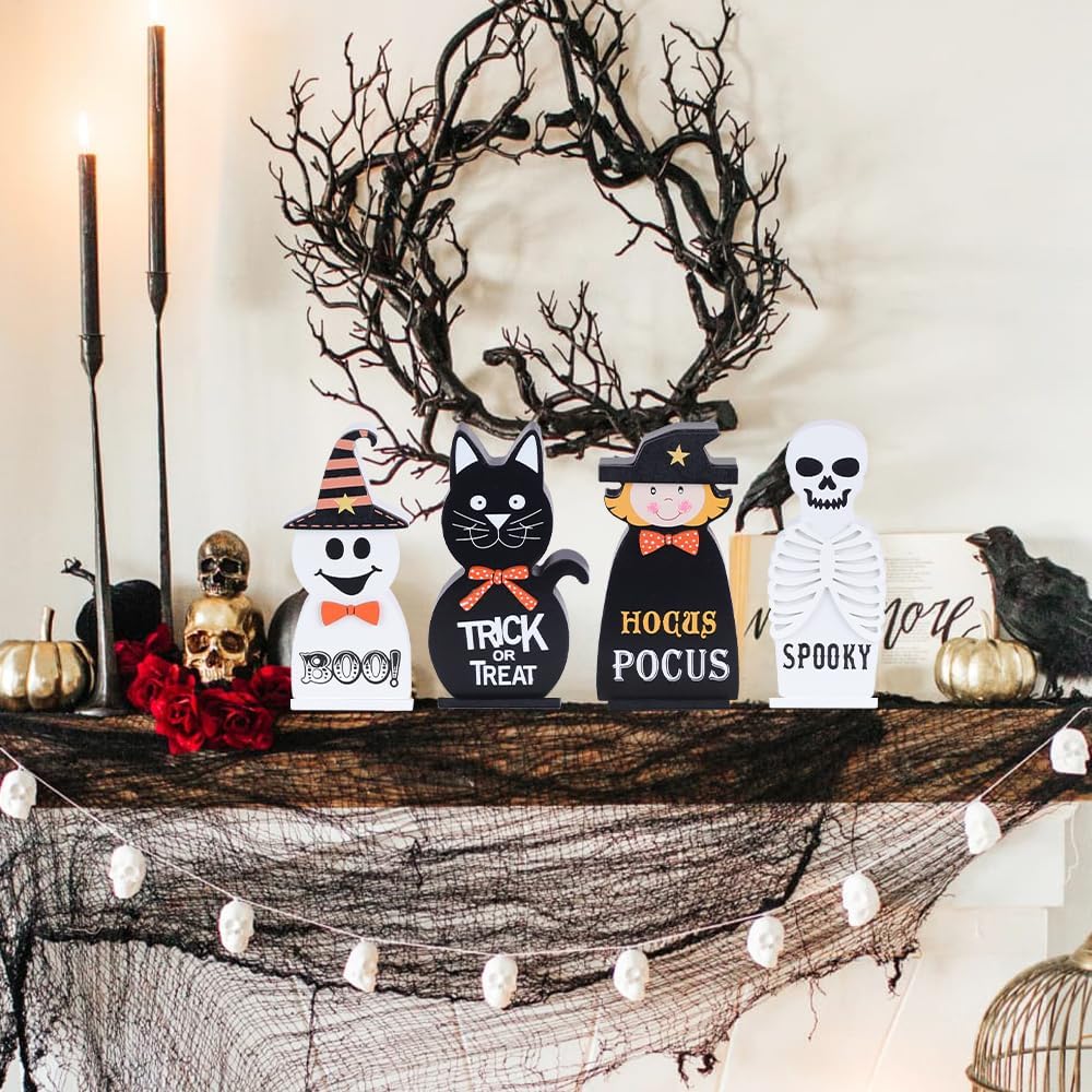 Halloween Decorations Indoor, Wood Blocks Halloween Table Decor, Ghost Black Cat Skull Witch Gothic Tabletop - Set of 4