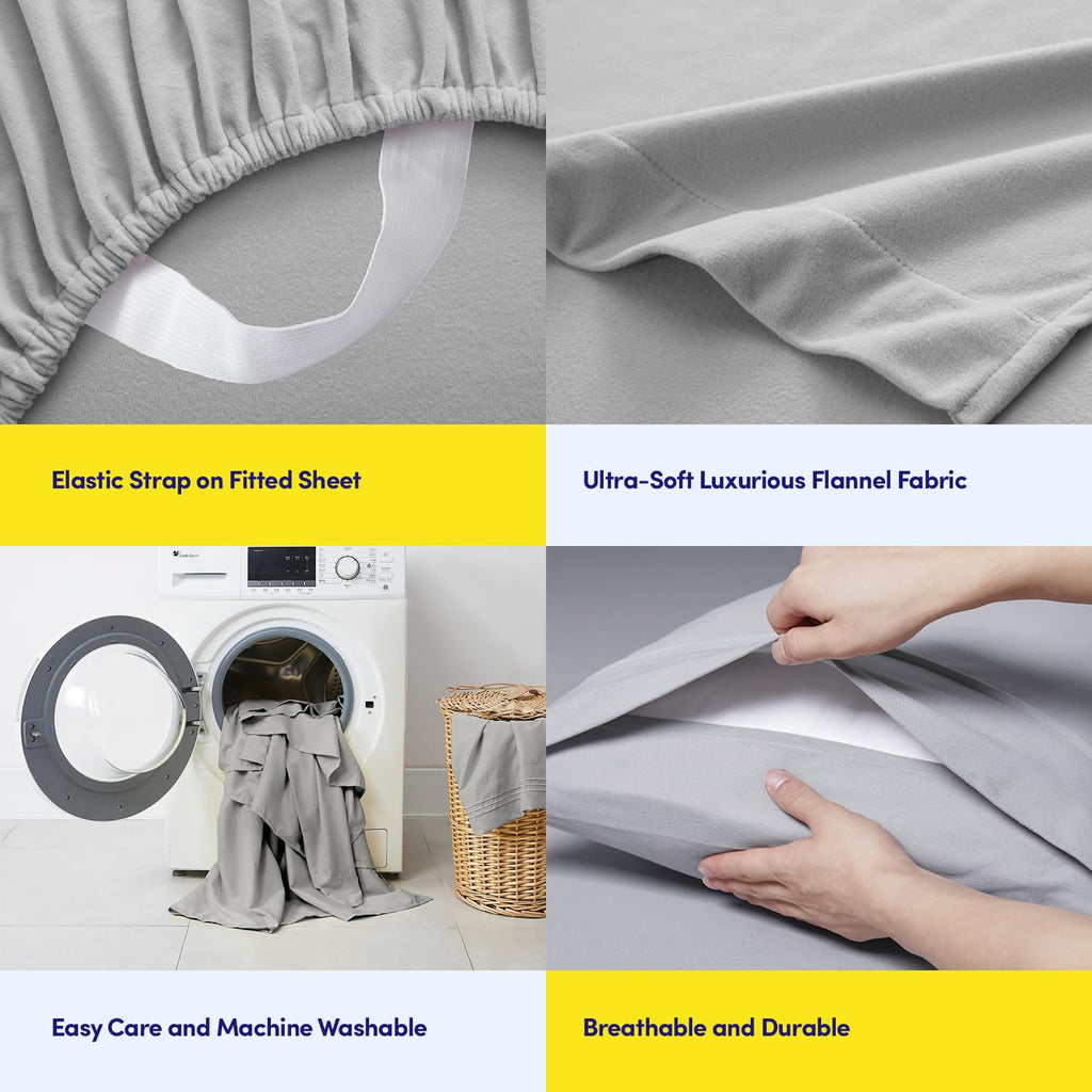 Flannel Sheet Set, Silver Queen, Deep Pocket Soft Brushed Microfiber All-Season Bedding with Fitted Sheet, Flat Sheet