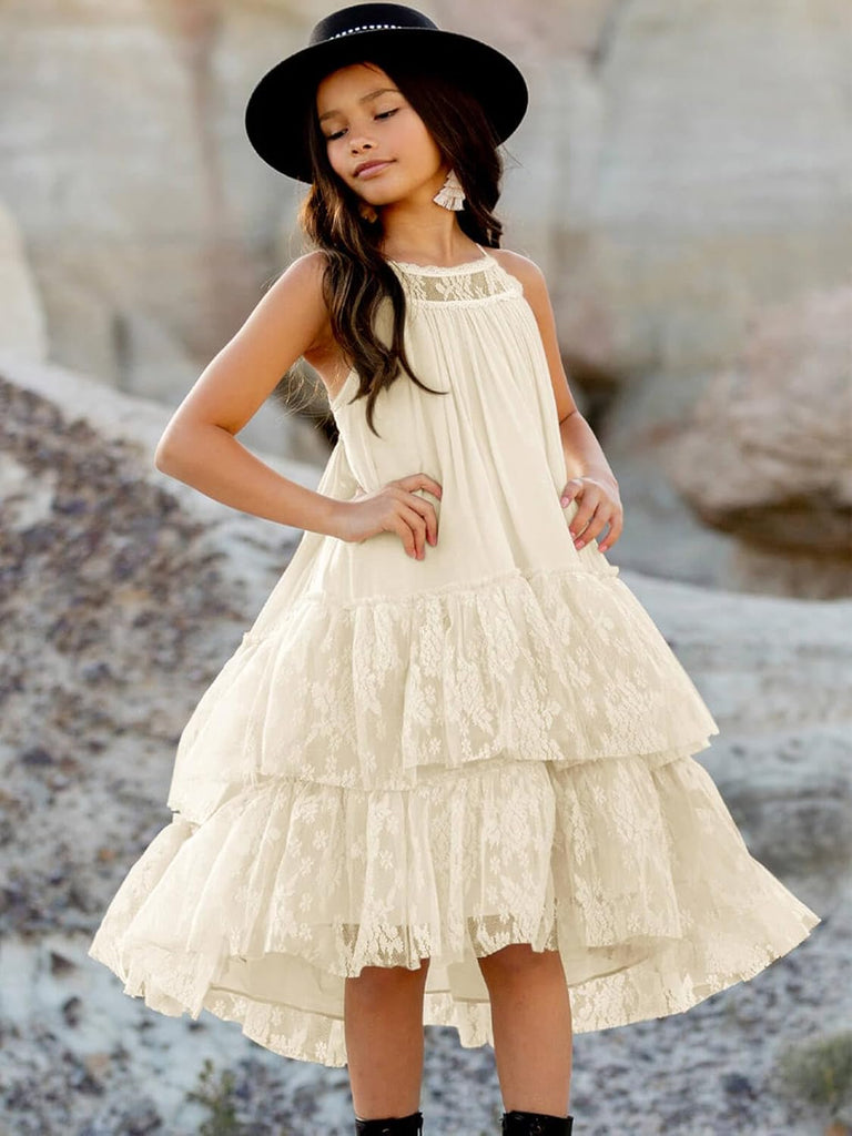 Girls Lace Tulle Dress Halter Boho Flower Girl Ruffle Party Dress