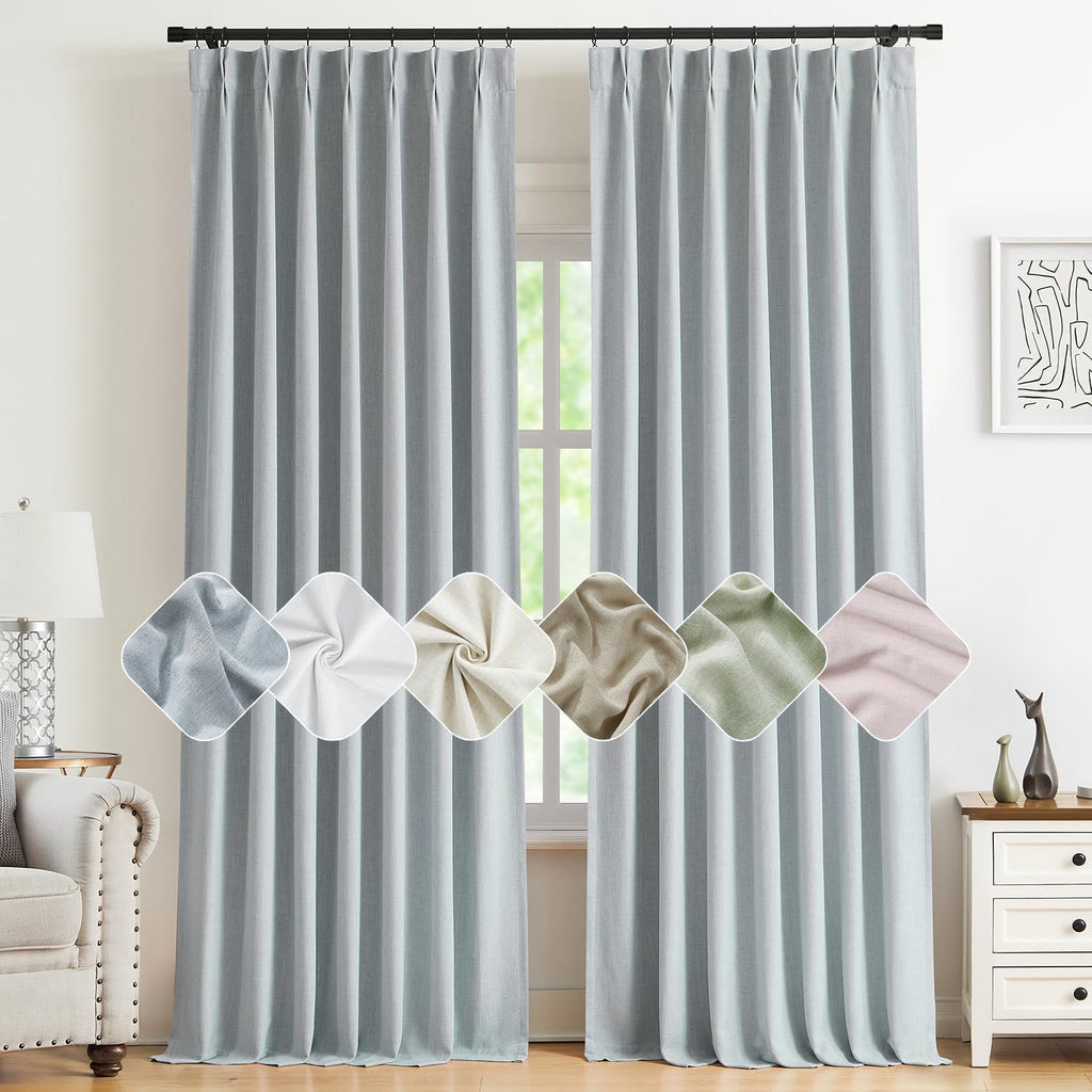 Blue Gray Pinch Pleated Full Blackout Curtains, Linen Blend Room Darkening Thermal Insulated Soundproof Drapes, 84