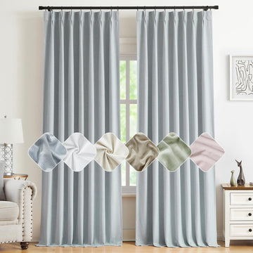 Blue Gray Pinch Pleated Full Blackout Curtains, Linen Blend Room Darkening Thermal Insulated Soundproof Drapes, 84
