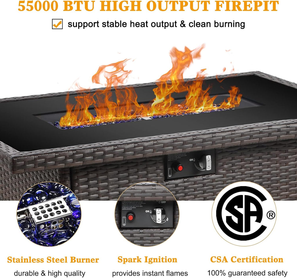 44" Propane Gas Fire Pit Table, 55000 BTU Rectangular Fire Pit with Glass Wind Guard for Outside Patio Deck Garden