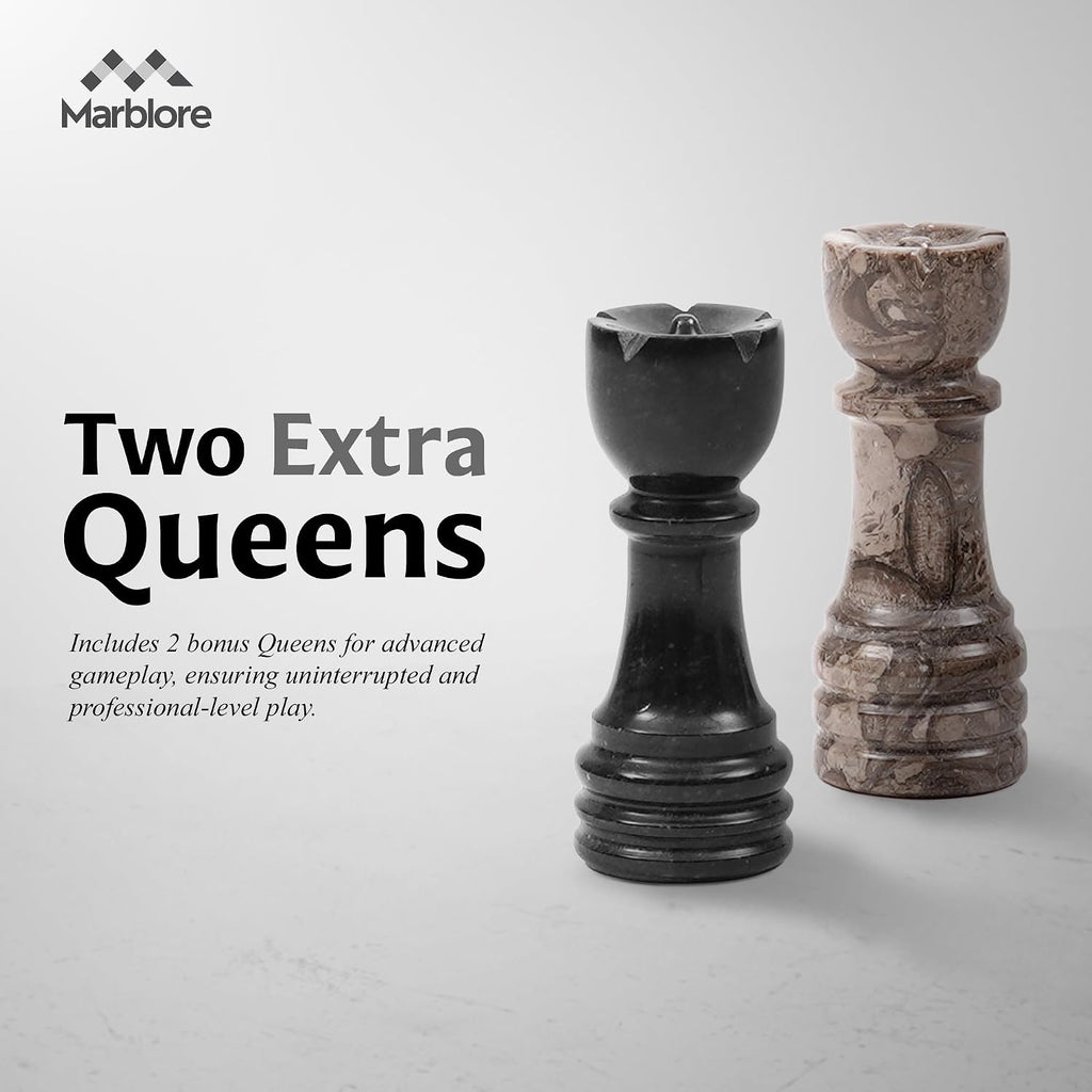 Marble Chess Set 12 Inch Oceanic and Black Luxury Decorative Chess Board Game with 32 Chess Pieces & 2 Extra Queens - Set of 34