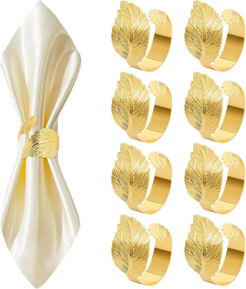 Gold Napkin Rings, Metal Leaf Bulk Napkin Rings, Cloth Napkin Holder Ring Dining Table Decorations - Set of 8