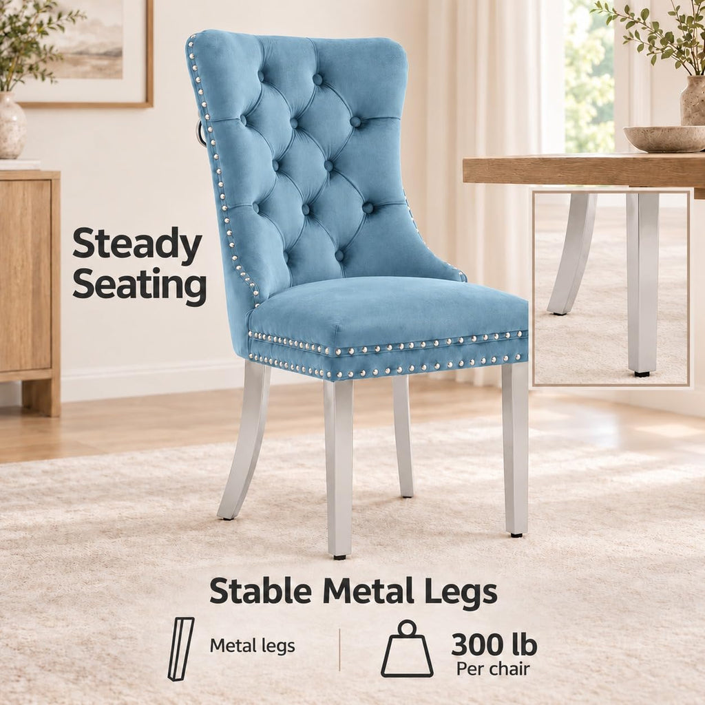 Luxury Upholstered Dining Chairs Set of 4, Light Blue Kitchen Chair with Silver Metal Legs, Velvet Tufted Back Dining
