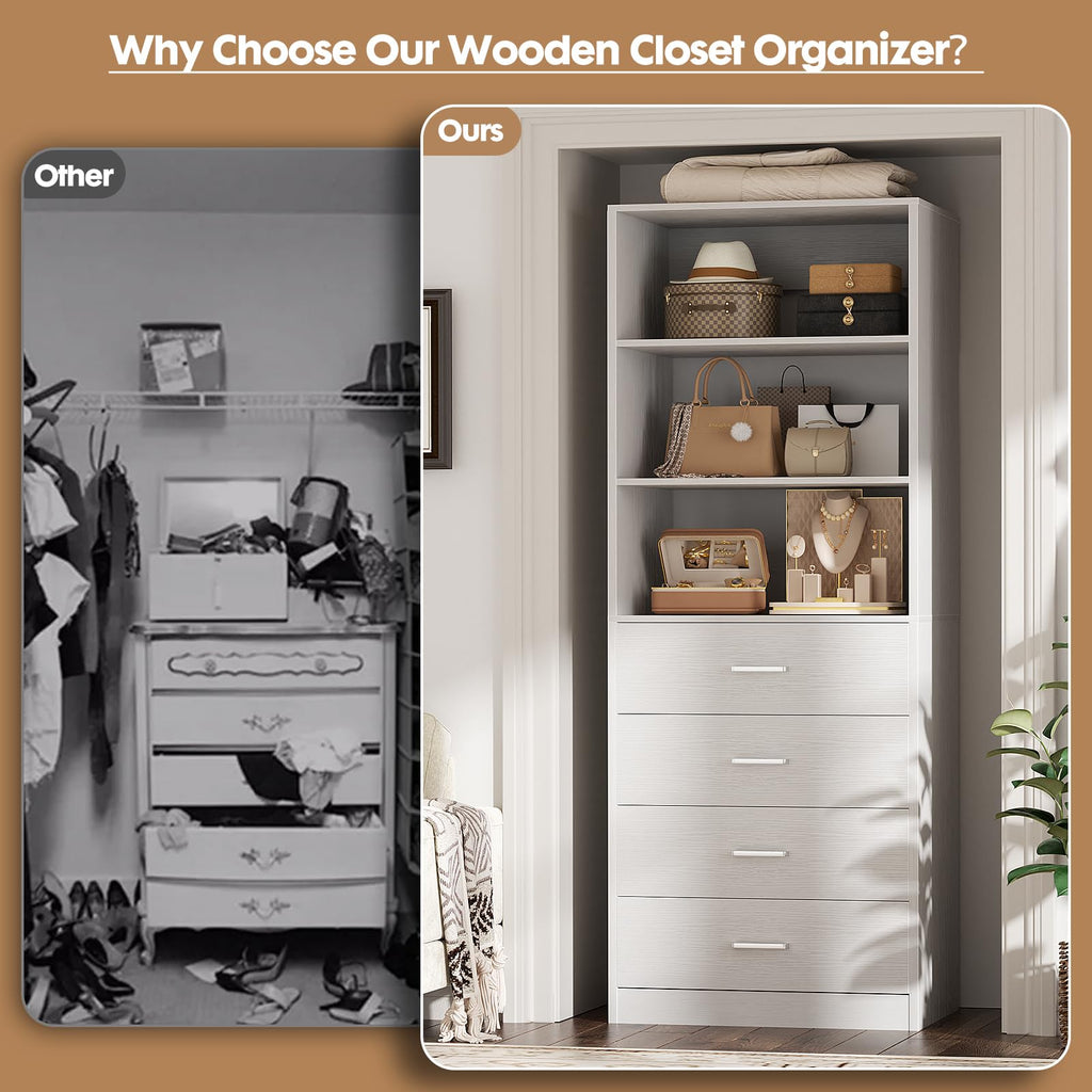 Closet Drawers System, 21.3" Wood Closet Organizer System, White
