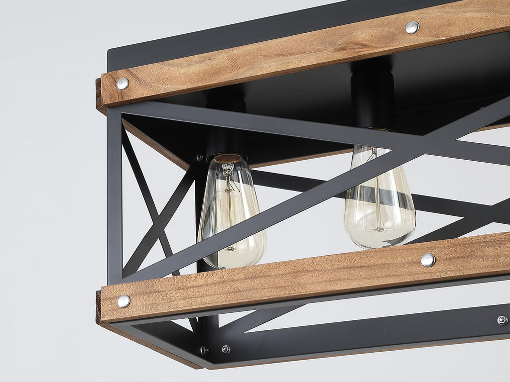 Rustic Farmhouse Wood Kitchen Island Lighting, 4 Lights Rectangular Pendant Light Fixture, Adjustable Chain Oak Wood