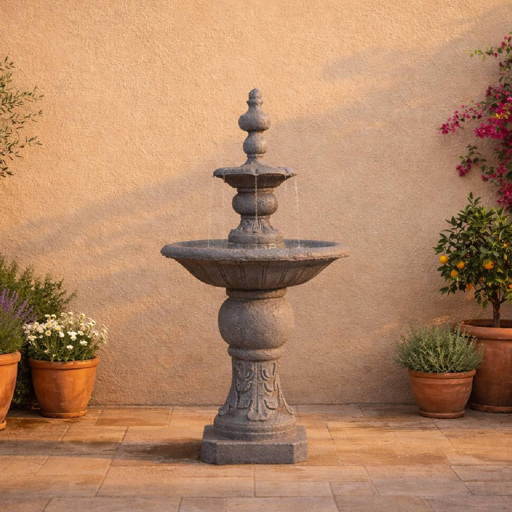 52.56 in. Outdoor Two-Tier Water Fountain with Realistic ICY Stone Texture Living Spaces Creating a Calming Oasis