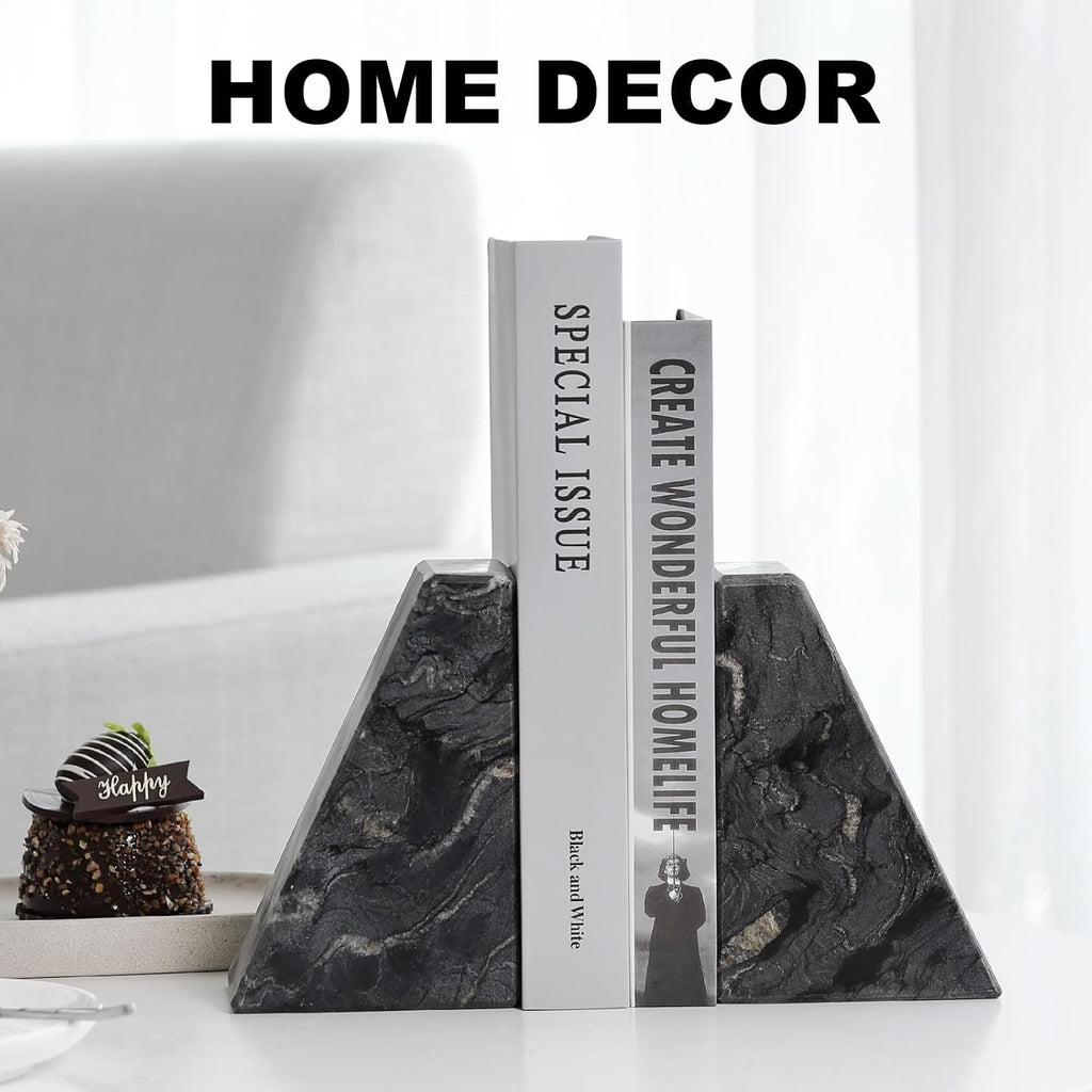 Marble Bookends for Heavy Books, Decorative Book Ends for Shelves, Titanium Black Stone Durable and Heavy-Duty Book