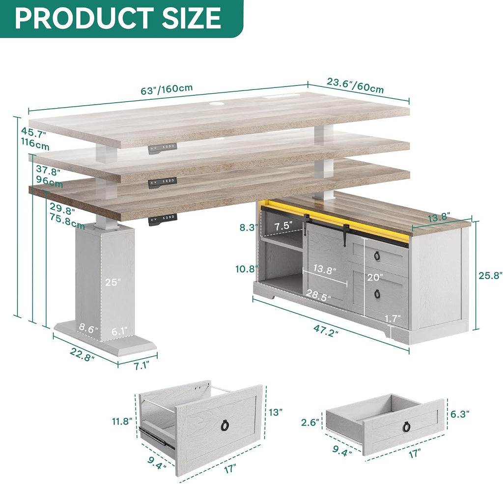 L Shaped Standing Desk with Power Outlets & LED Lights | 63" Farmhouse Electric Standing Desk Adjustable Height Sit