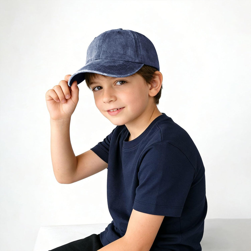 Kids Washed Denim Baseball Cap, 100% Cotton Curved Brim Hat, Breathable Sweatband for Boys Girls Outdoor Daily Use
