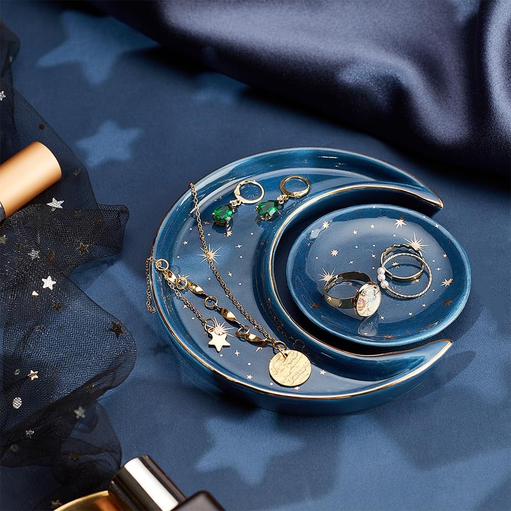 Sun and Moon Jewelry Plate, Ceramic Jewelry Dish Decorative Trinket Midnight Blue Holder Tray for Storing Rings