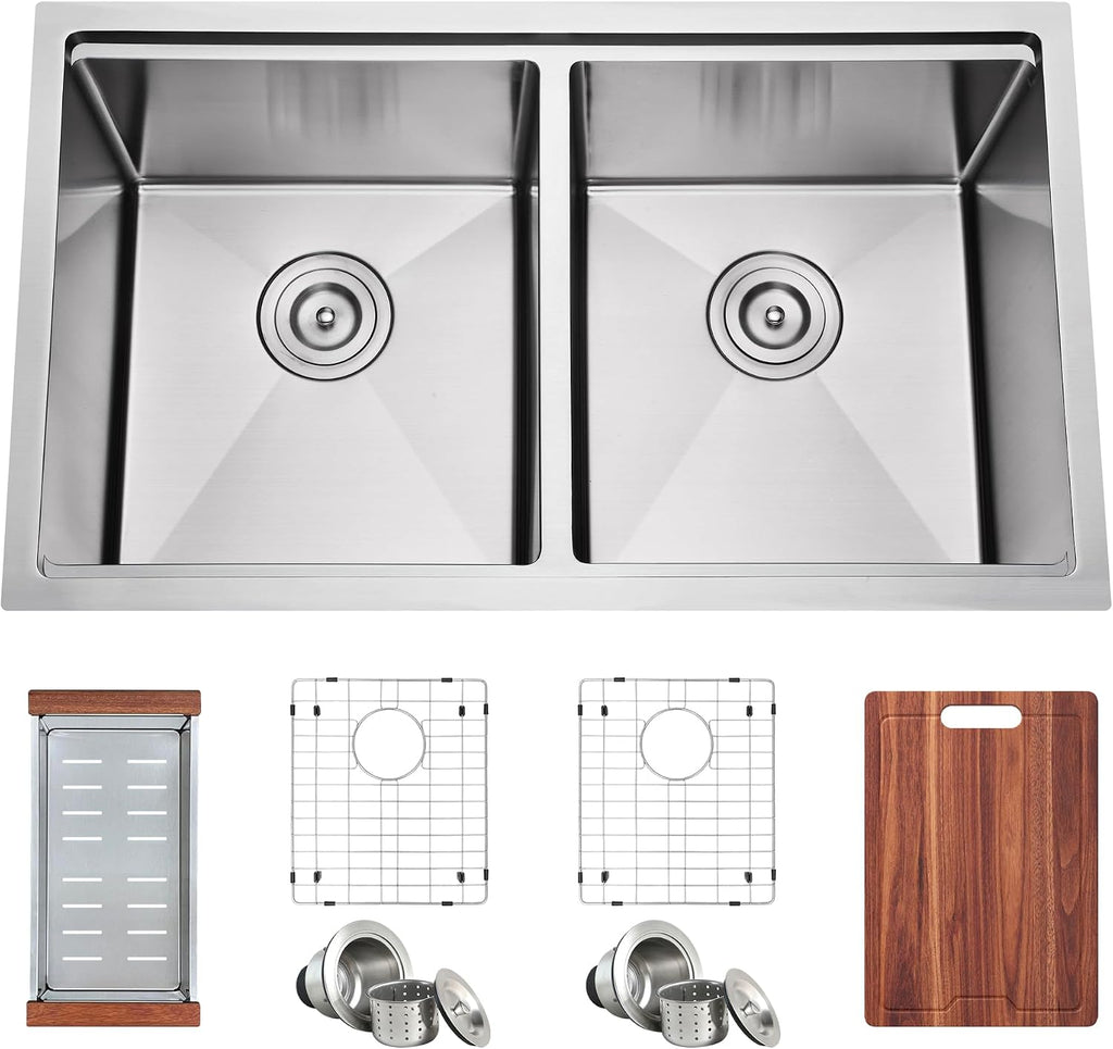 32 Inch Undermount Workstation Double Bowl Handmade Kitchen Sink | 304 Stainless Steel, 16 Gauge Thickness, Ledge for