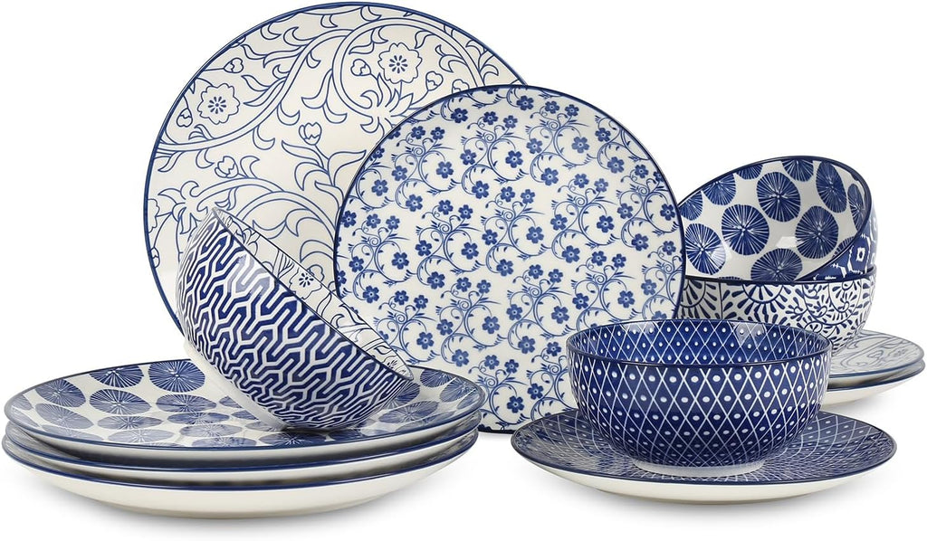 Ceramic Dinnerware Sets, 12-Pieces Plates and Bowls Sets, Scratch Resistant Dishes set for 4
