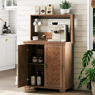 Coffee Bar Cabinet with Storage and Charging Station, Walnut