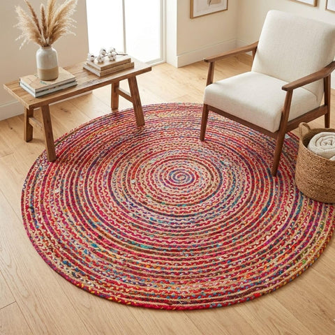 WeWove Hand Woven Area Rug 6 Feet Round - Jute Cotton Area Rug Rustic Farmhouse Boho Accent Rug