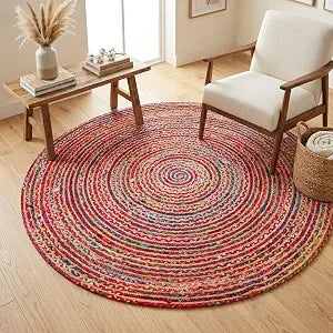 WeWove Hand Woven Area Rug 6 Feet Round - Jute Cotton Area Rug Rustic Farmhouse Boho Accent Rug Bedroom Kitchen Dorm