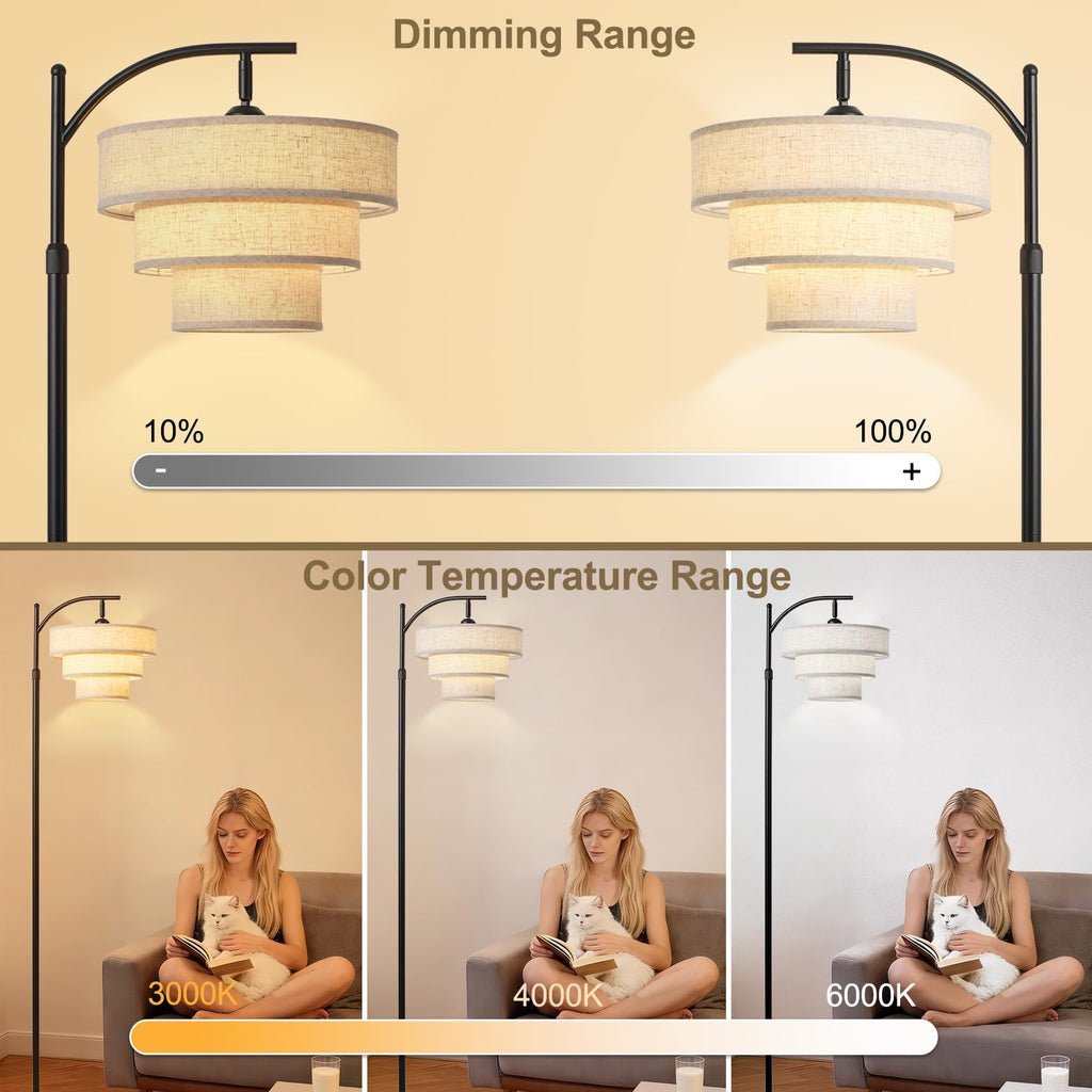 Dimmable Floor Lamp with Remote Control, Arc Fabric Tall Floor Lamp with 3-Color Temperatures Remote & Dimmable 9W