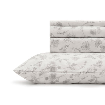 100% Cotton Printed Percale Sheet Set Grey Botanical