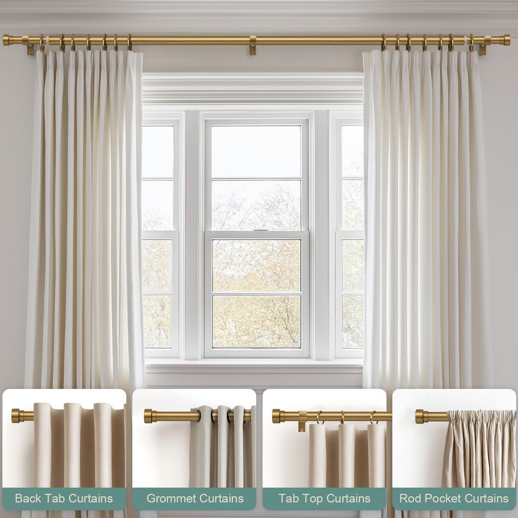 Warm Gold Curtain Rods for Windows 72 to 144 Adjustable Length Heavy Duty 1" Diameter Brass Bronze Long Window