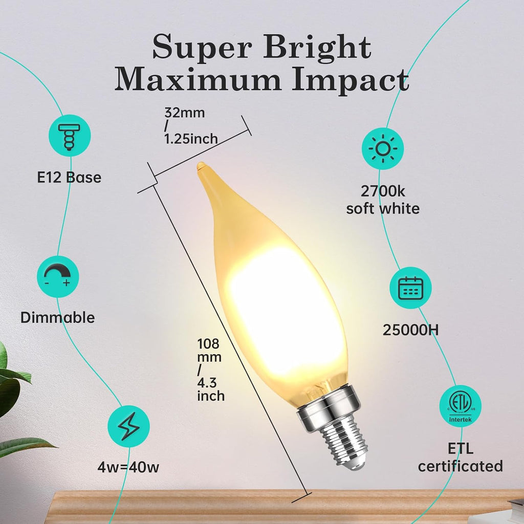 E12 40Watt Frosted LED Candelabra Candle Bulb CA10 2700K Dimmable 6PK