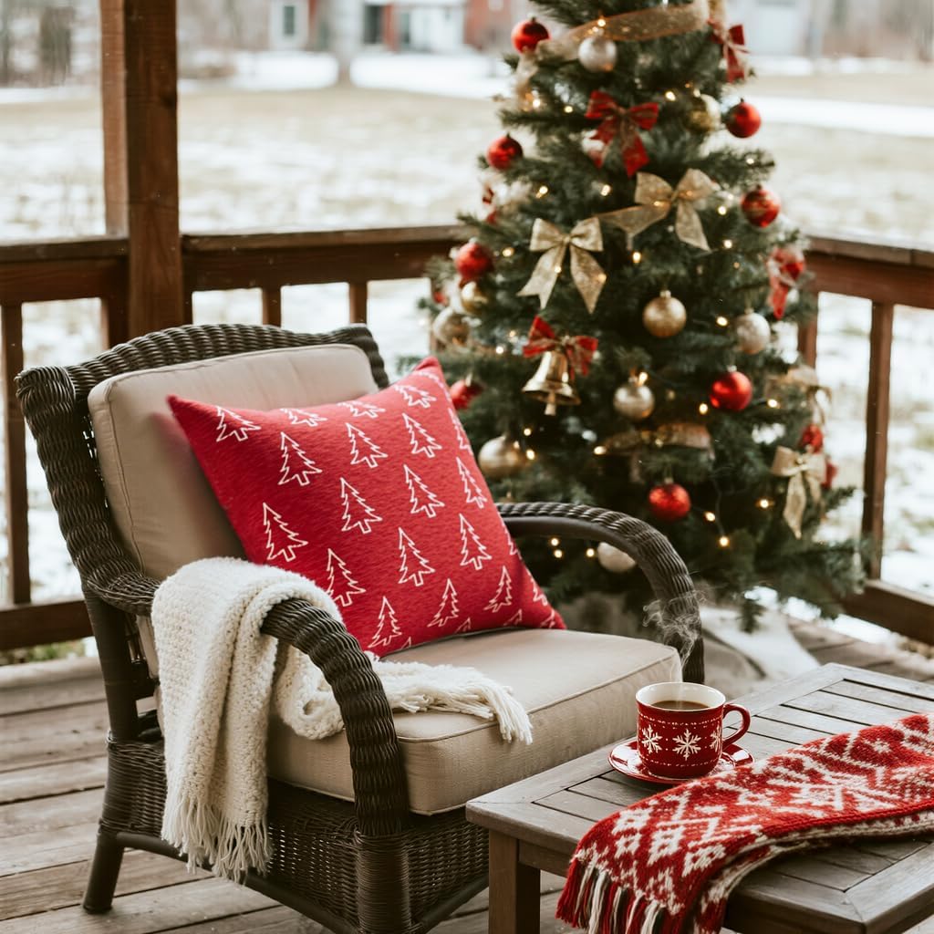 Christmas Chenille Pillow Covers 20x20, Reversible Snowflake & Tree Design, Cozy Farmhouse Holiday Throw - Set of 2