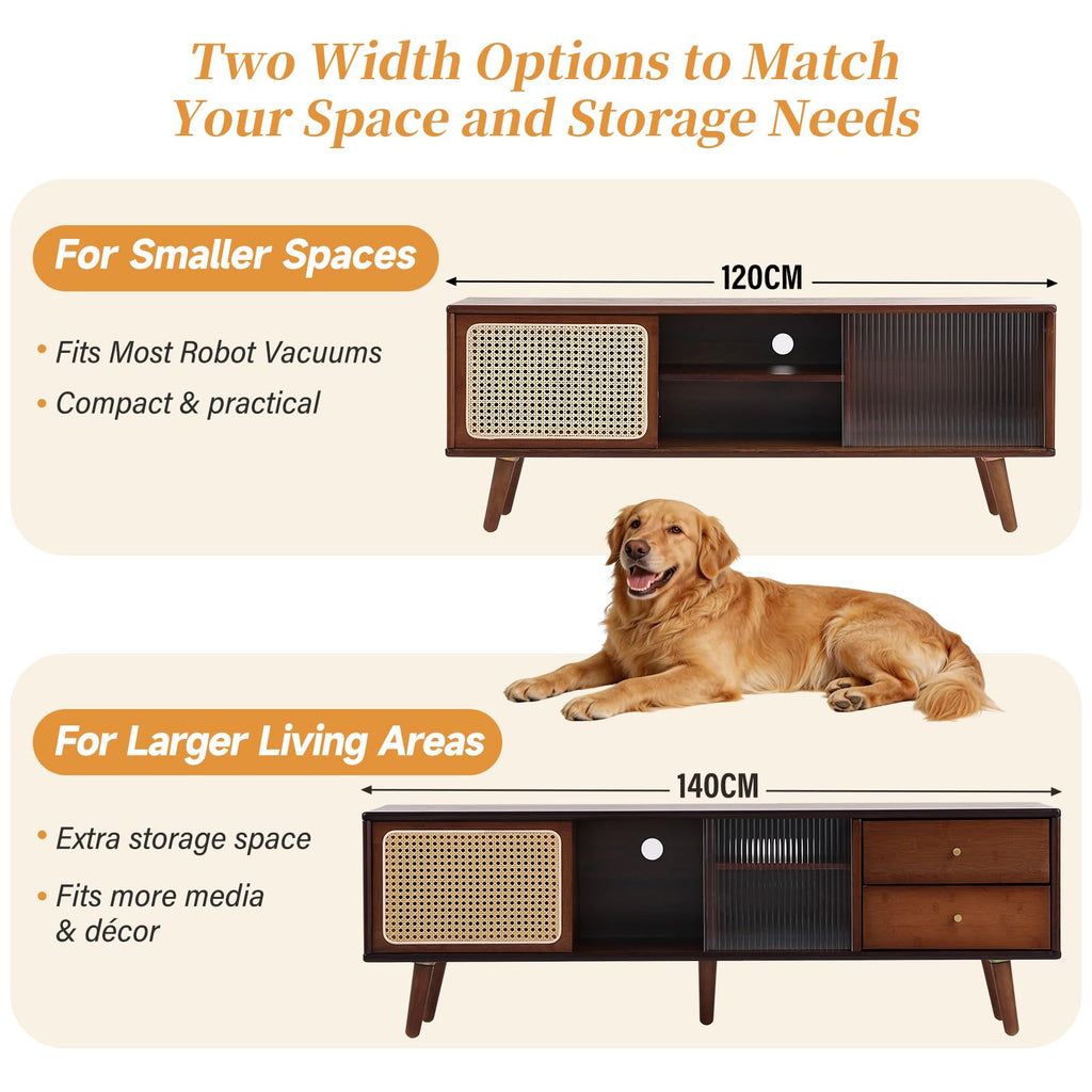 Rattan TV Stand for 55 Inch TV, Bamboo Cabinet with Storage, Walnut