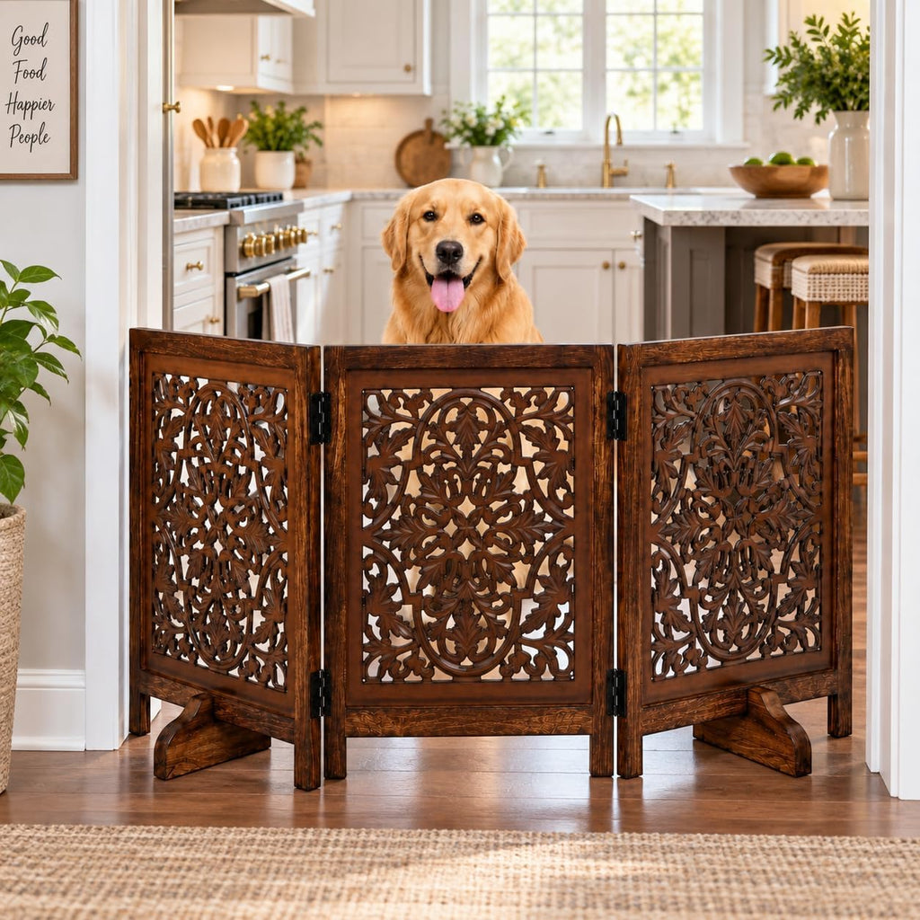 Dog Gate Freestanding 60x24, Burnt Daisy, Folding 3 Panel