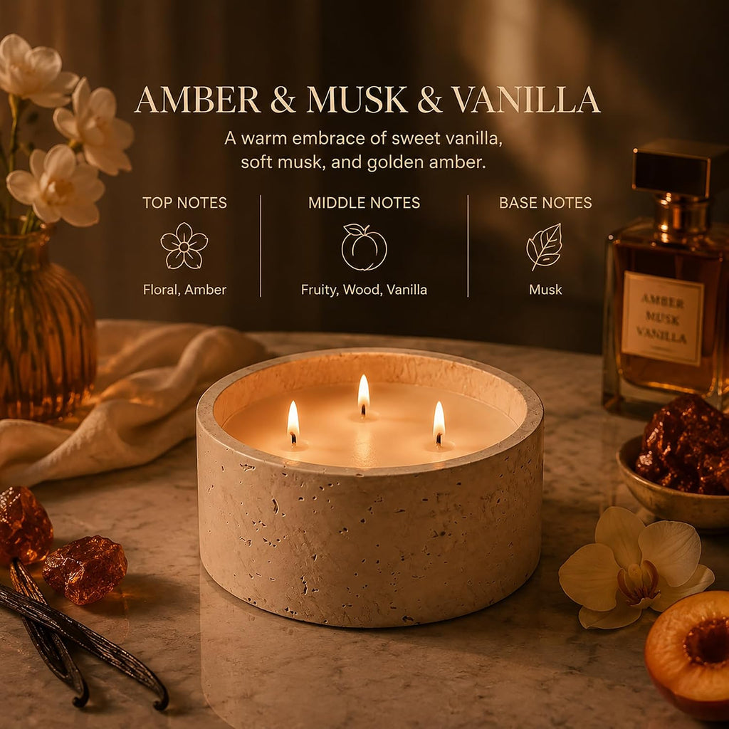 3-Wick Scented Candle-Amber & Musk & Vanilla,Soy Coconut Wax Blend Candle with Acacia Wood Lid,21oz Large - Set of 21