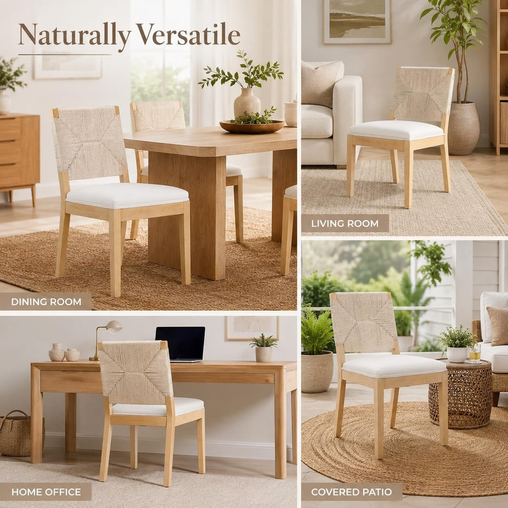 French Country Dining Chairs Set of 4, Beige Farmhouse Wood Dining Room Chairs, Woven Back Linen Upholstered Dining