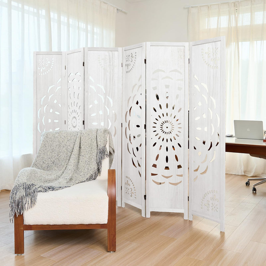 66.9Inch Wooden Room Partition - 6 Panels Boho-Styled Space Room Divider /Office, Headboard & Yoga/Photo/Video Call