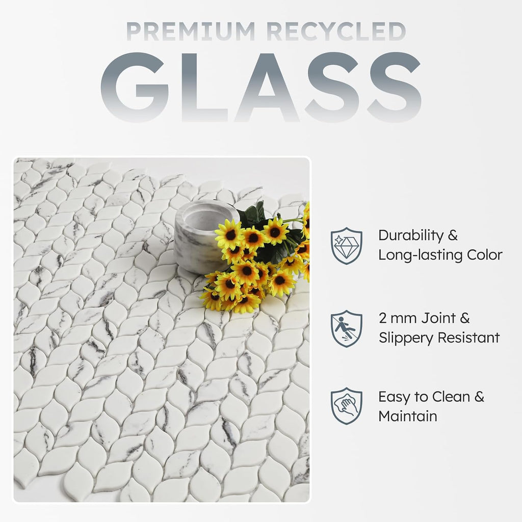 Recycled Glass Backsplash Tile, White Marble Leaf-Shaped, 5 Sheets | Mesh Mounted, 3D Faux Stone, Glass Mosiac