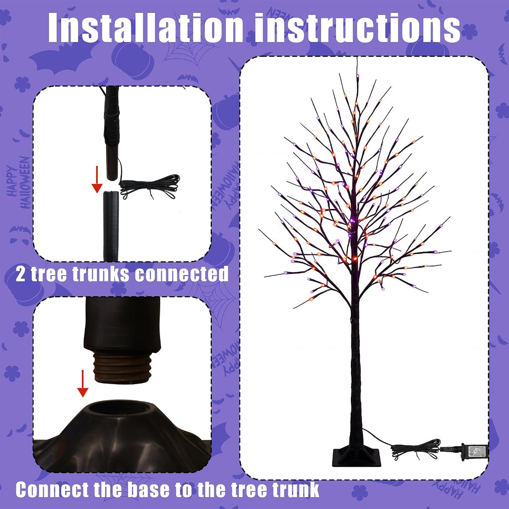FT Halloween Lighted Black Birch Tree, Total 288 LED Purple and Orange Spooky Tree with Timer, Waterproof - Set of 2