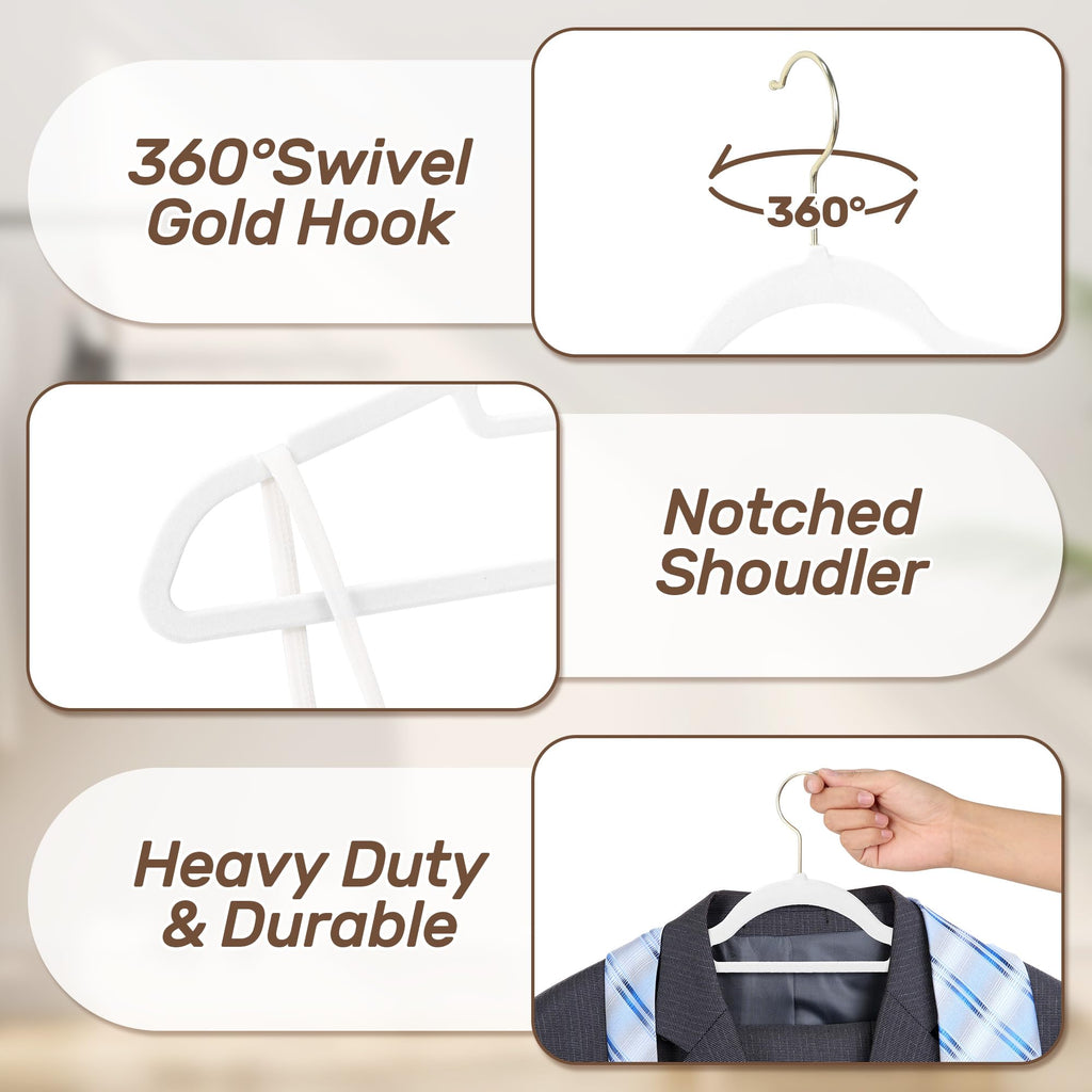 Velvet Hangers 30 Pack with Gold Hooks, Non-Slip Felt Clothes Hangers White